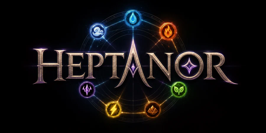 Heptanor, les sept éléments en cercle autour du nom du jeu